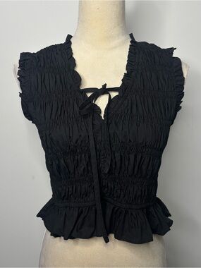 Grade & Gather Black Cotton Smocked Ruffle Tie Front Blouse Top Medium